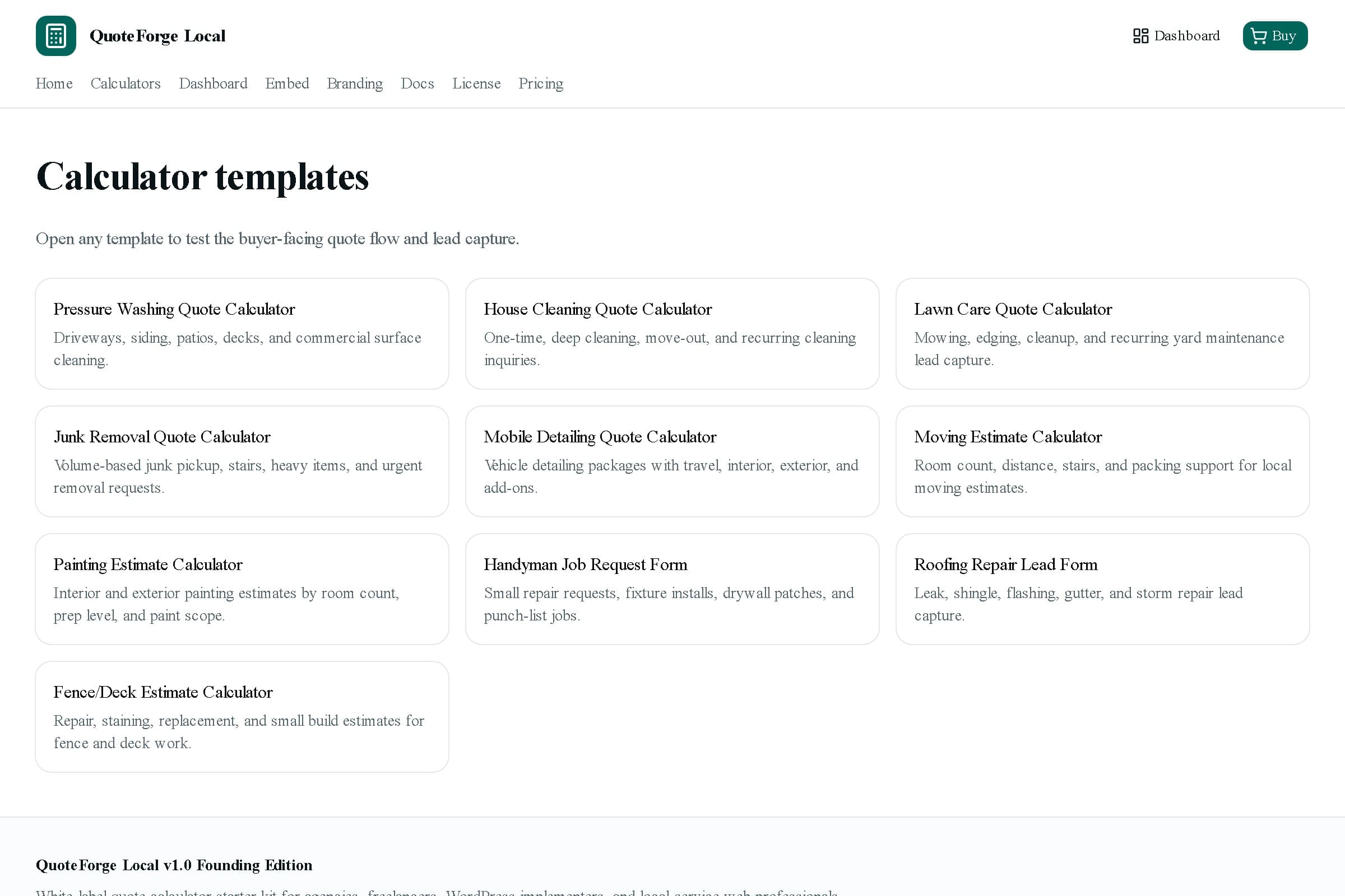 QuoteForge Local product dashboard and calculator preview
